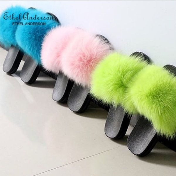 Fur Slippers Women Real Fox Fur Slides Home Furry Flat Sandals Female Cute Fluffy House Shoes - Shop Trendy Women's Fashion | TeeYours