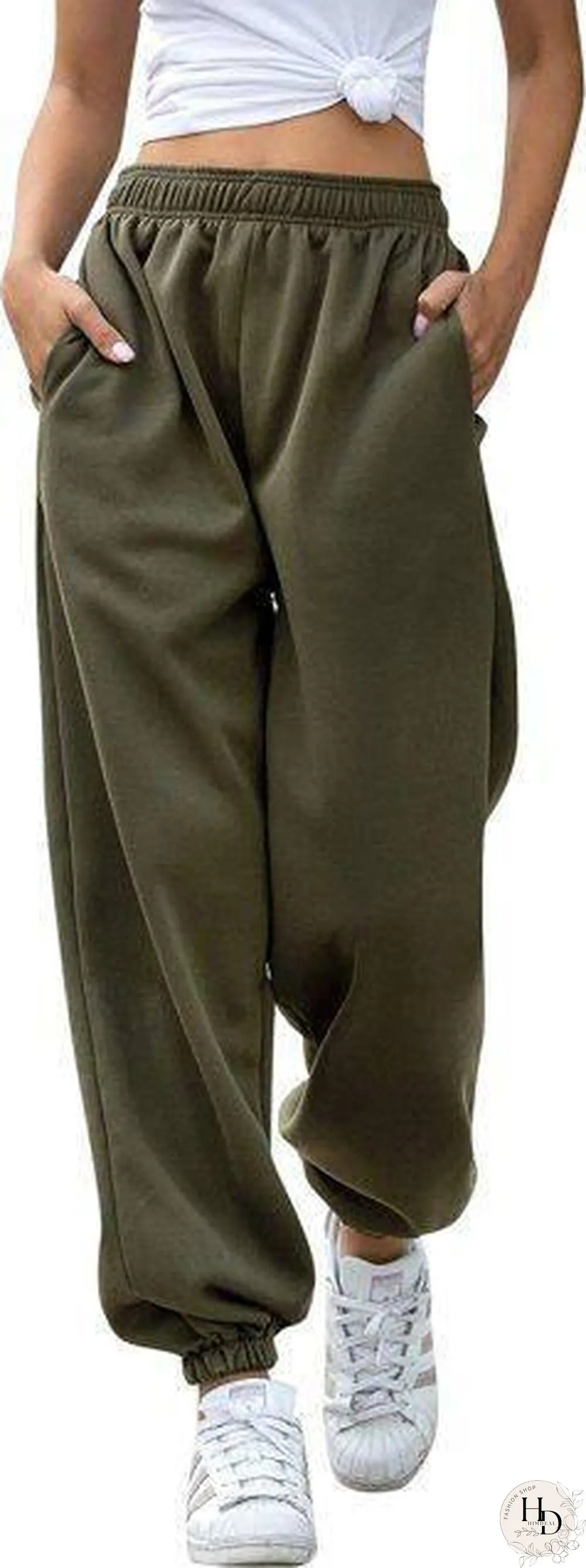 Multi-pocket Sweatpants Women Casual High Elastic Waist Drawstring