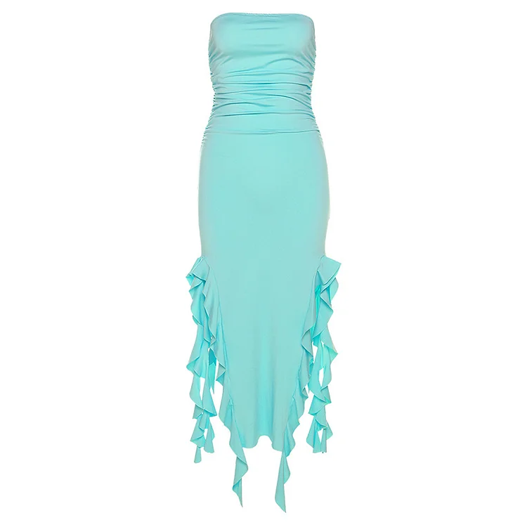 Asymmetric Bodycon Strapless Dress with Irregular Hem and Side Slit