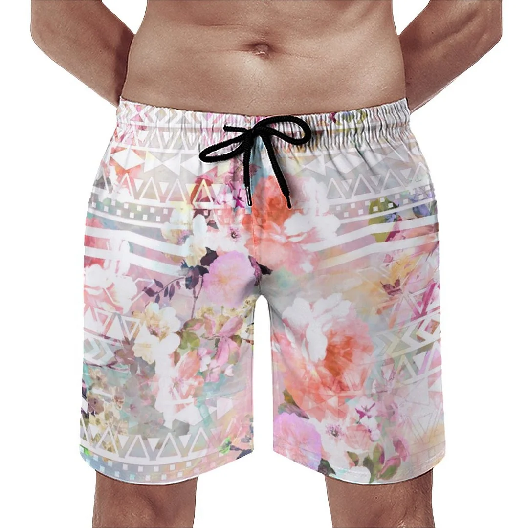 SFNEEWHO Aztec Pink Teal Watercolor Chic Floral Men's Swim Trunks Summer Board  Shorts Quick Dry Beach Short with Pockets 17.99