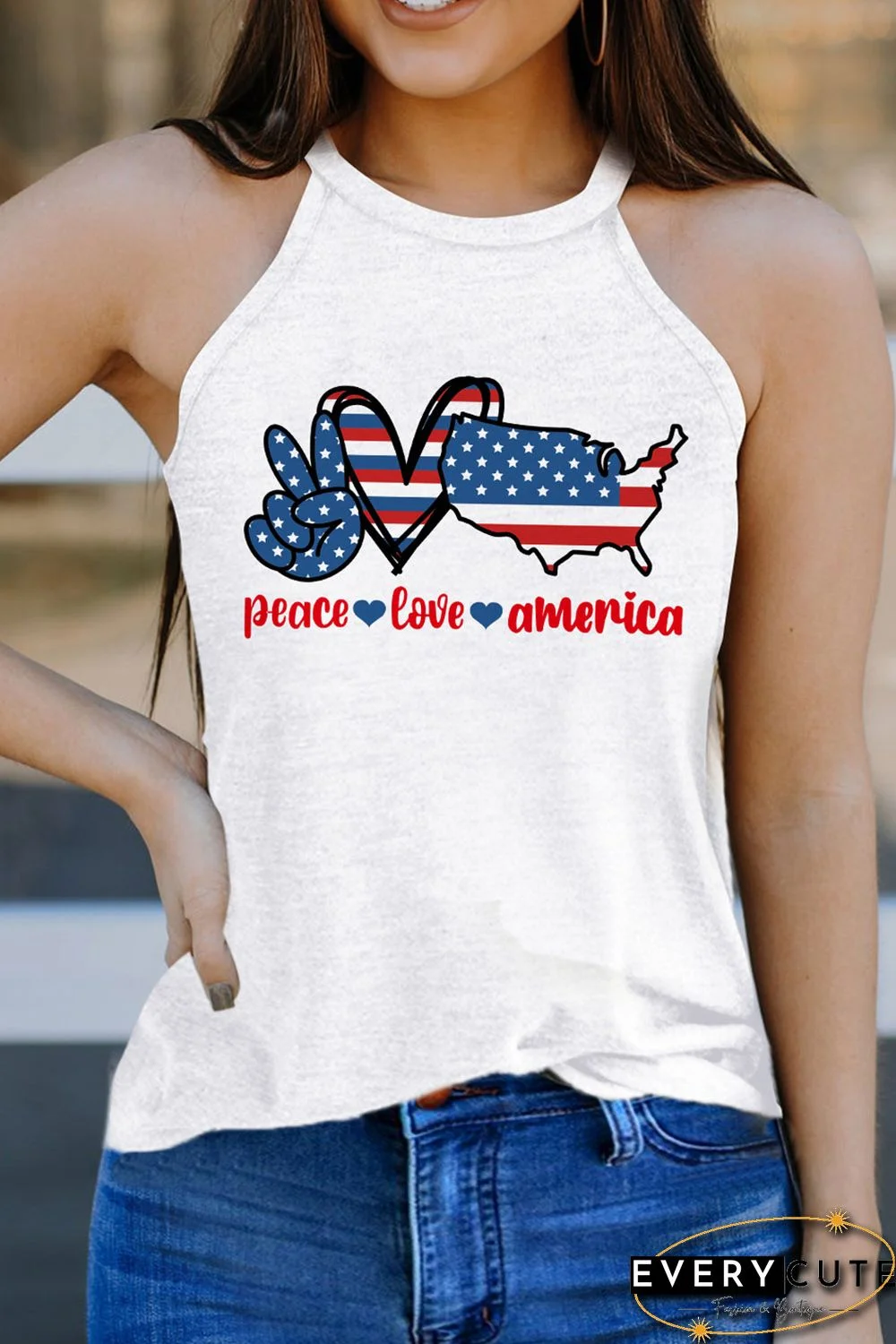 White Stars and Stripes Slogan Graphic Print Sleeveless Top