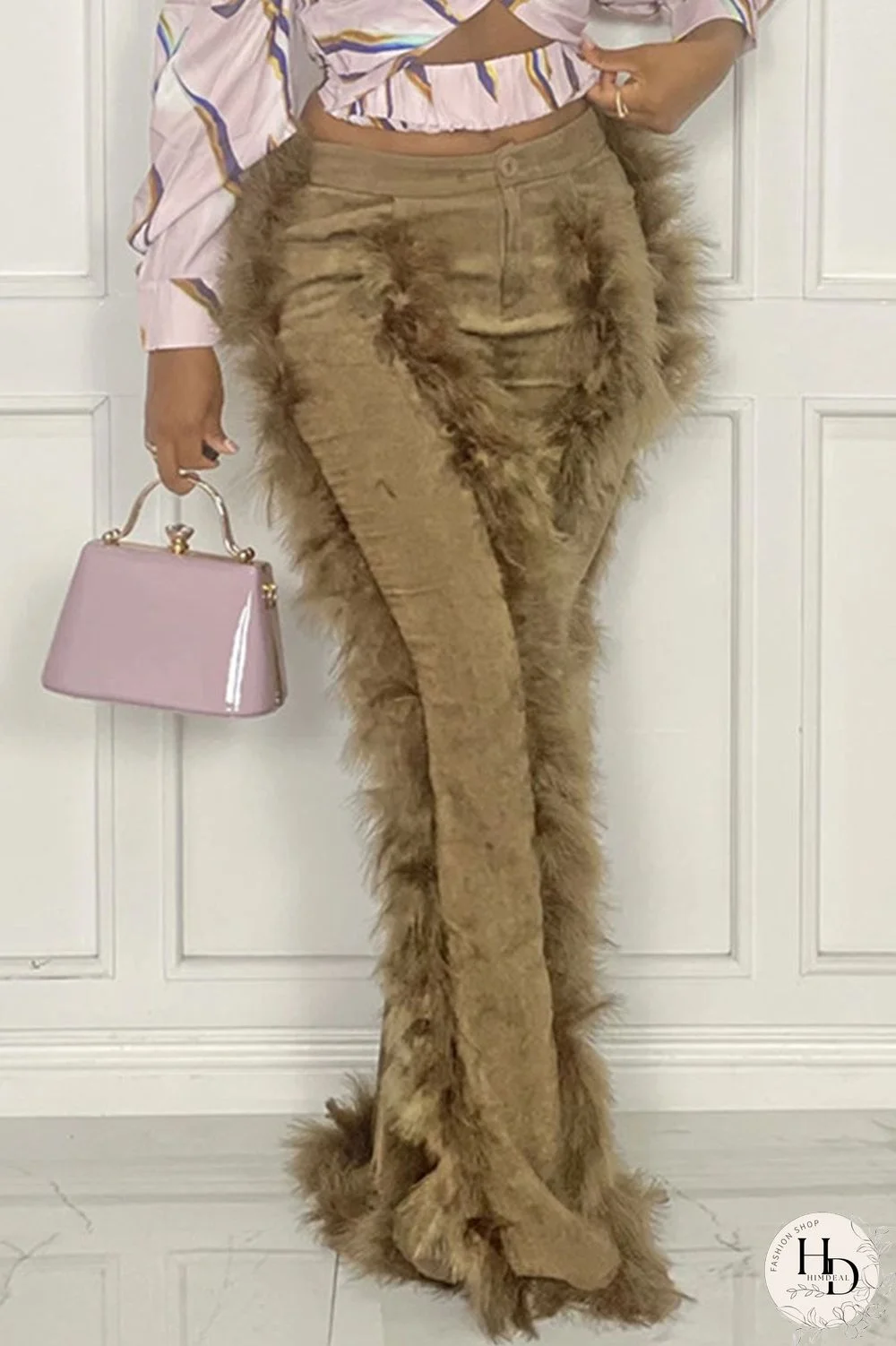 Khaki Fashion Solid Patchwork Feathers Boot Cut High Waist Speaker Solid Color Bottoms