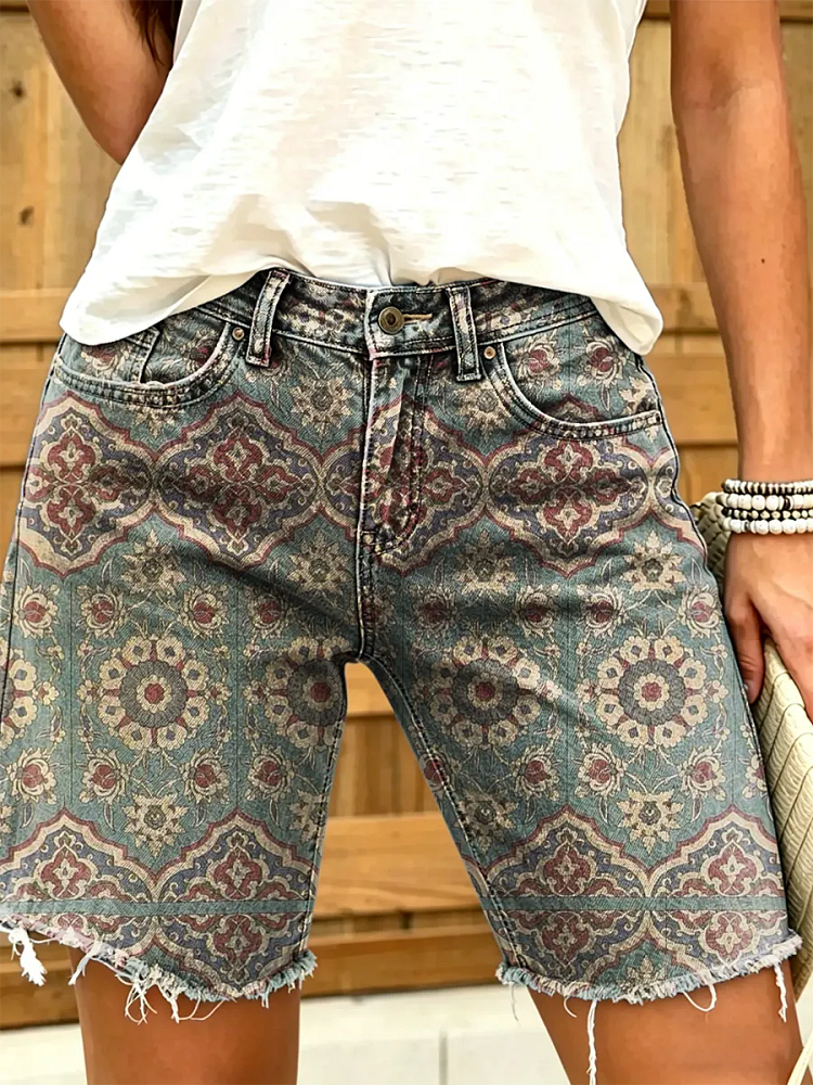 Women's Vintage Floral Print Denim Shorts