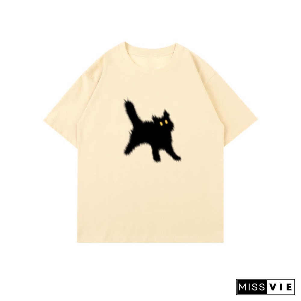 Cartoon Cat Print Round Collar Oversized T-Shirt