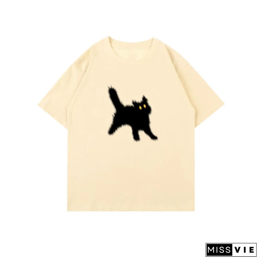 Cartoon Cat Print Round Collar Oversized T-Shirt