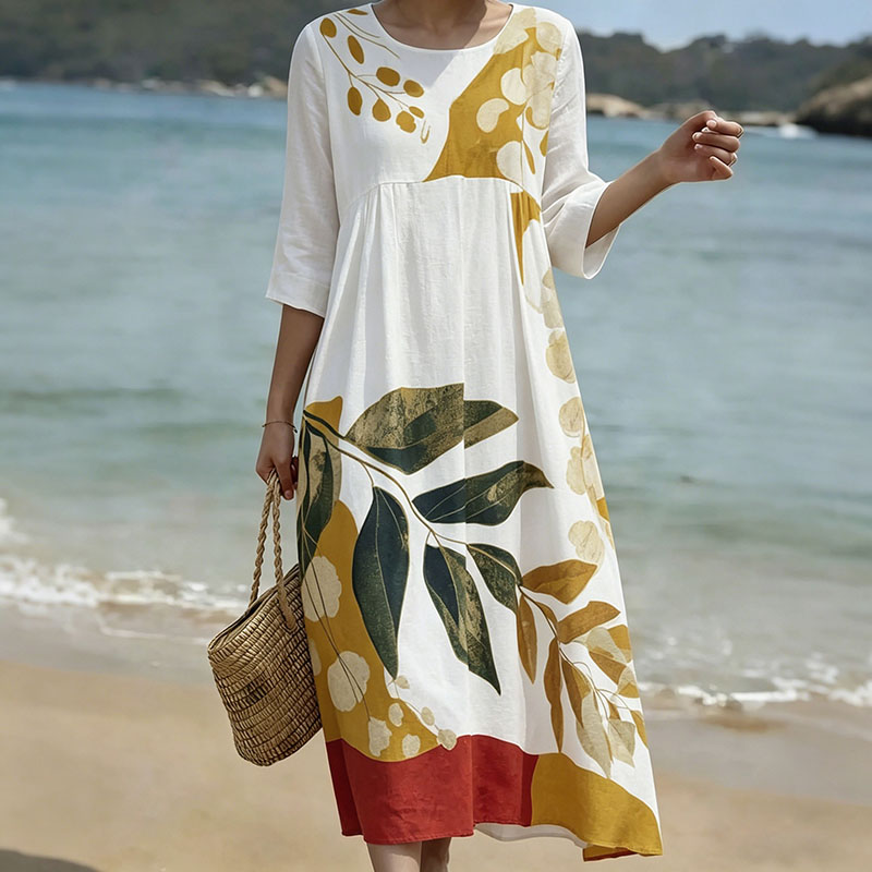 Comstylish Women's Leaf And Branch Art Print Round Neck Dress
