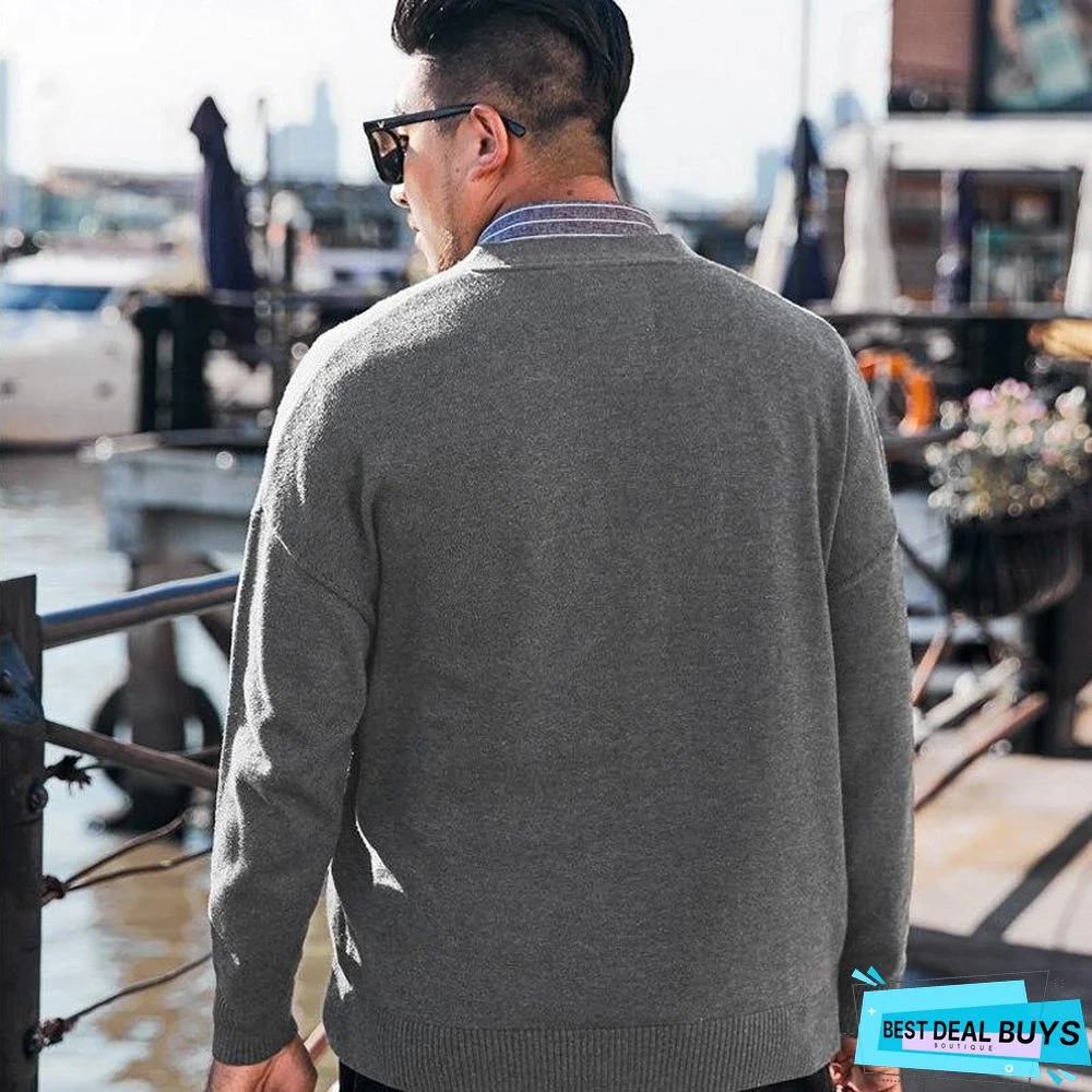 Mens V-Neck Sweater Casual Solid Color Sweater Plus Size Cardigan Tops