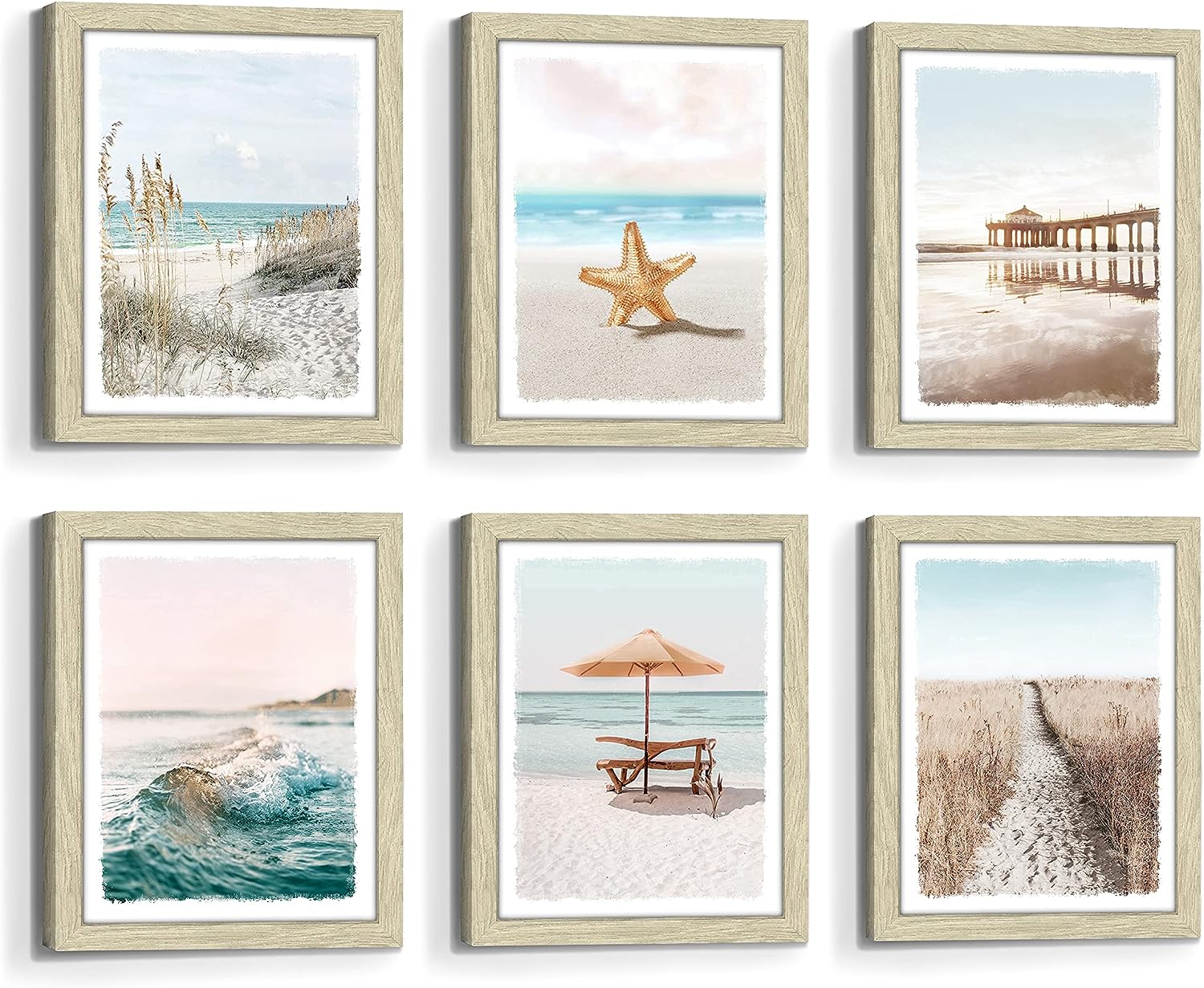 Bedroom Framed Beach Wall Art: Modern Living Room Blue Ocean Wave Coastal Landscape Picture Relaxing Bathroom Tropical Sea Scene Print 6 Piece 8x10 Small Vertical Home Seascape Painting Artwork Beach 03