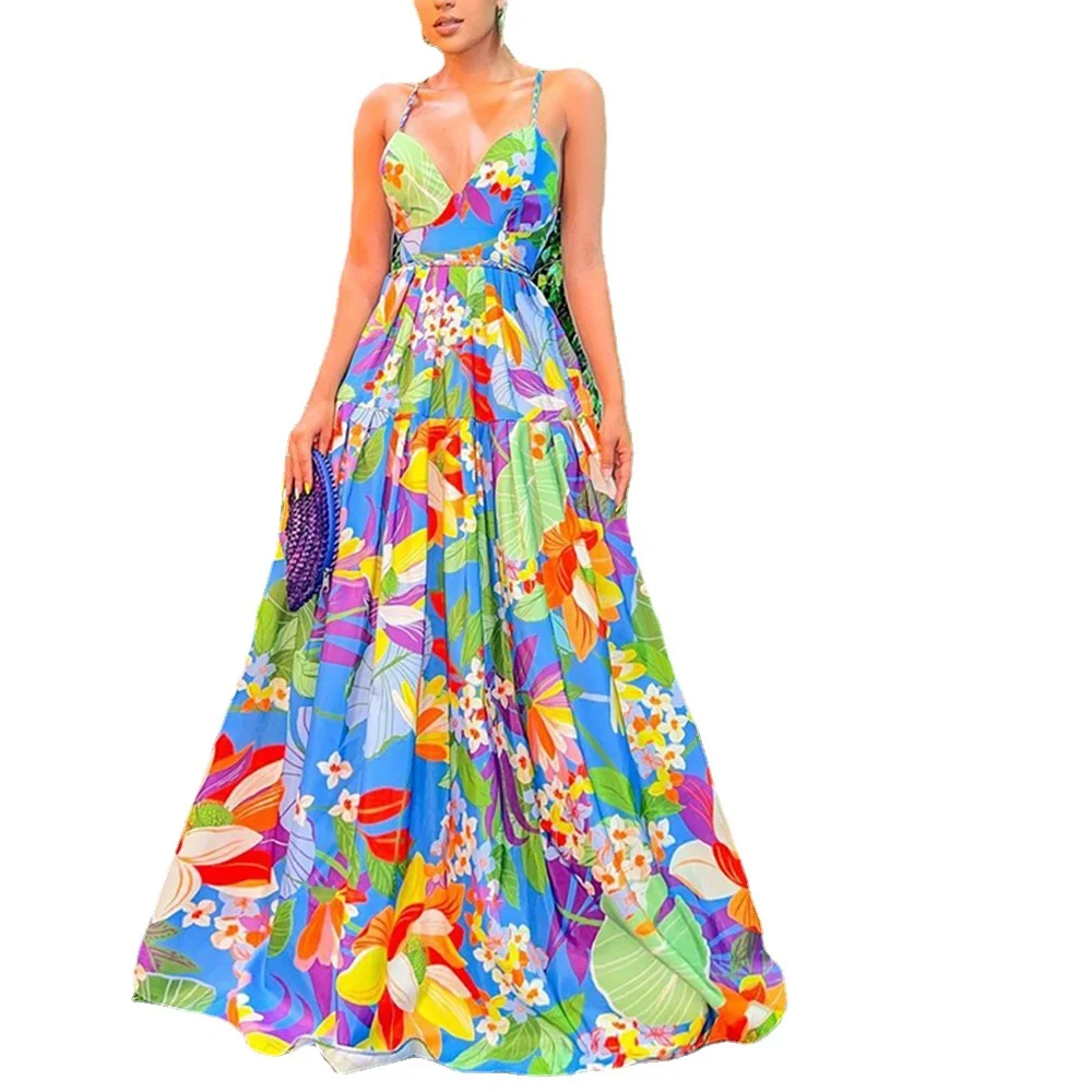 Uveng Uveng Summer New Women's Wish Dress Holiday Print Shoulder Slings Long Skirt