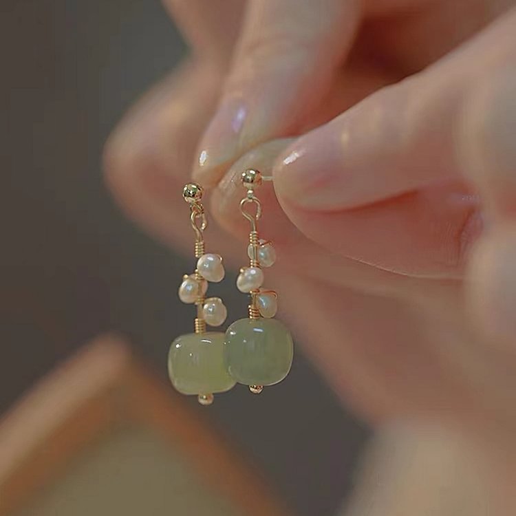 925 Silver Natural Hetian Jade Pearl Earrings