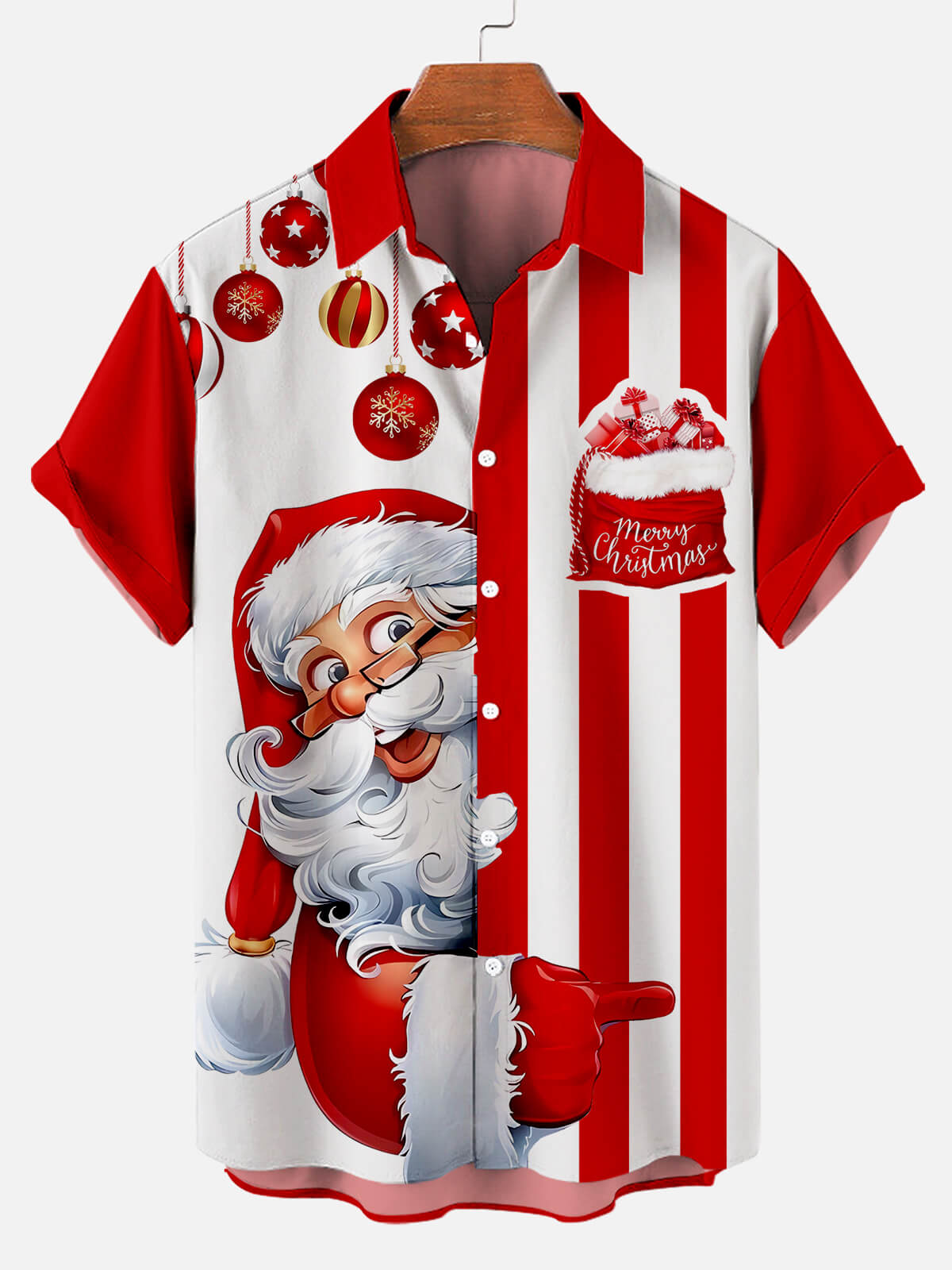 Christmas Santa Fun Striped Print Short Sleeve Shirt PLUSCLOTHESMAN