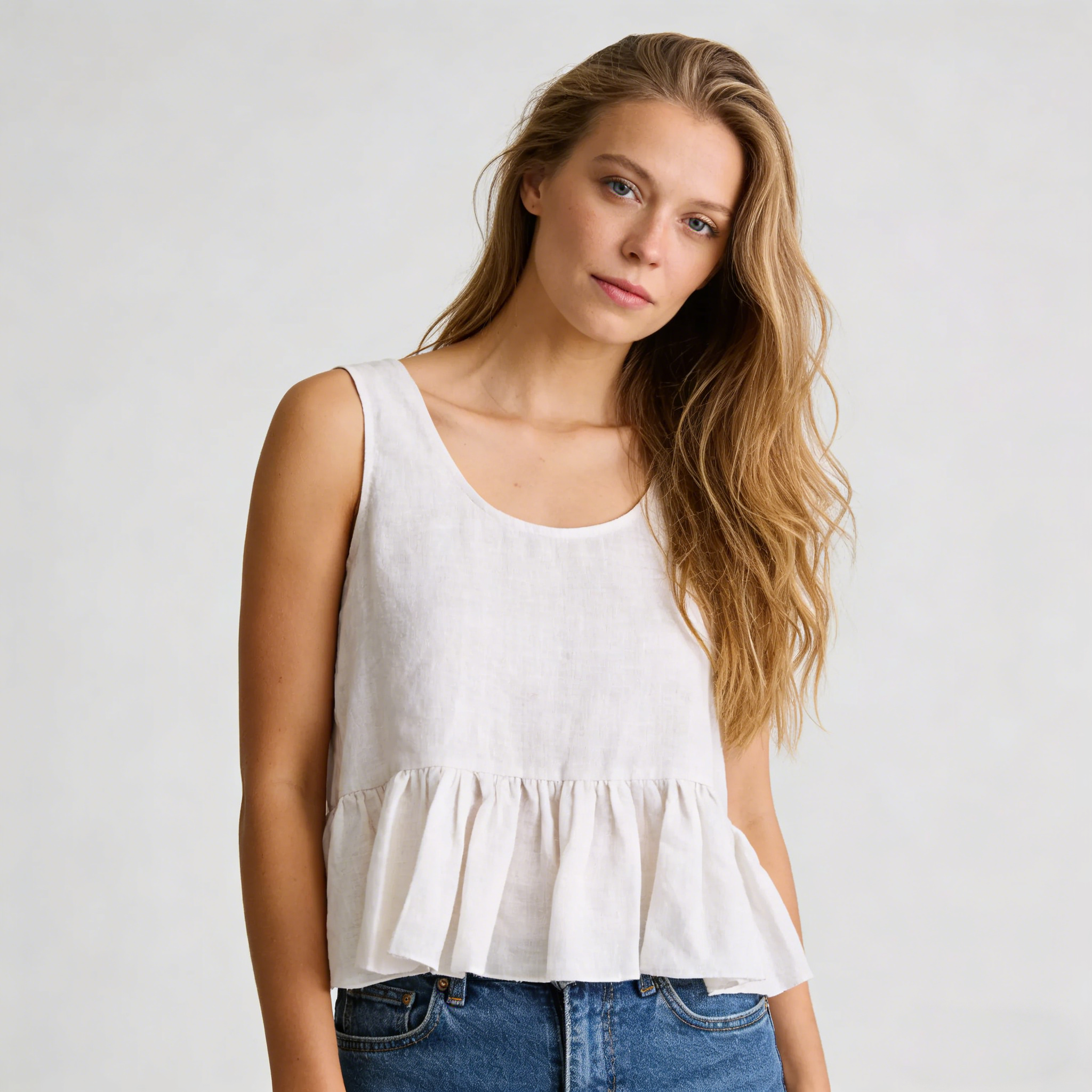 Linen Tank Top Women 100% Linen Peplum Scoop Neck Summer Top Breathable REAL SILK LIFE