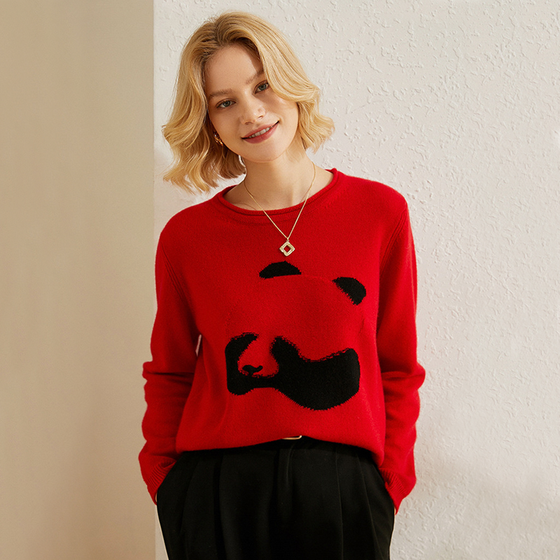 Panda Print Women's Cashmere Sweater REAL SILK LIFE