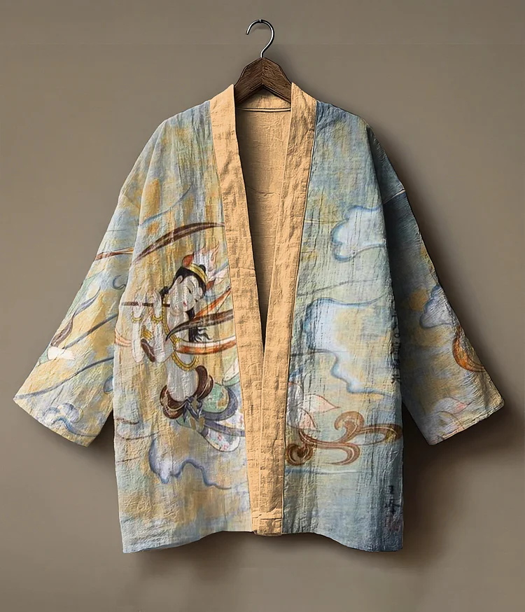 Abstract print embroidered linen cardigan kimono