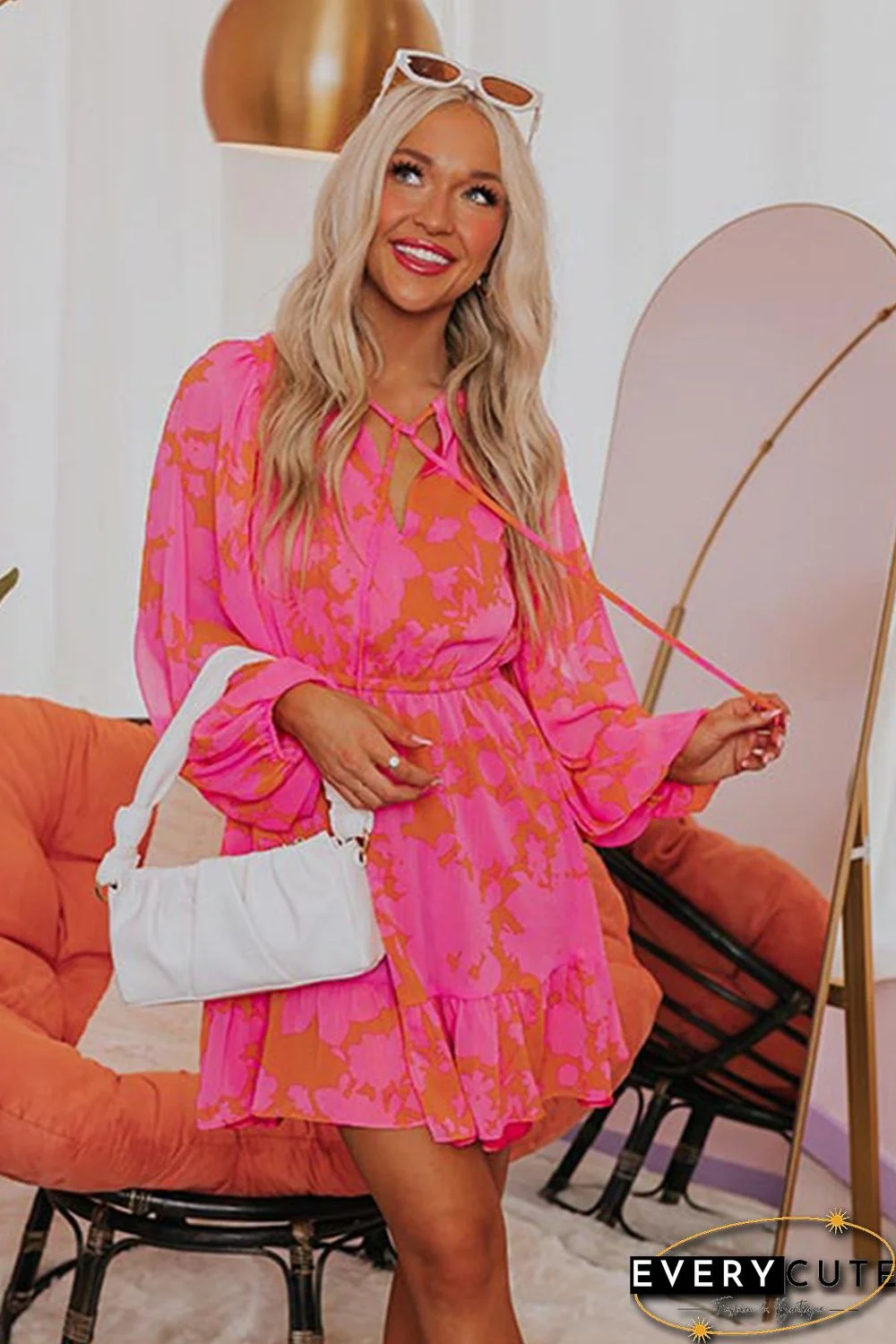 Rose Abstract Printed Puff Sleeve Ruffle Flowy Dress