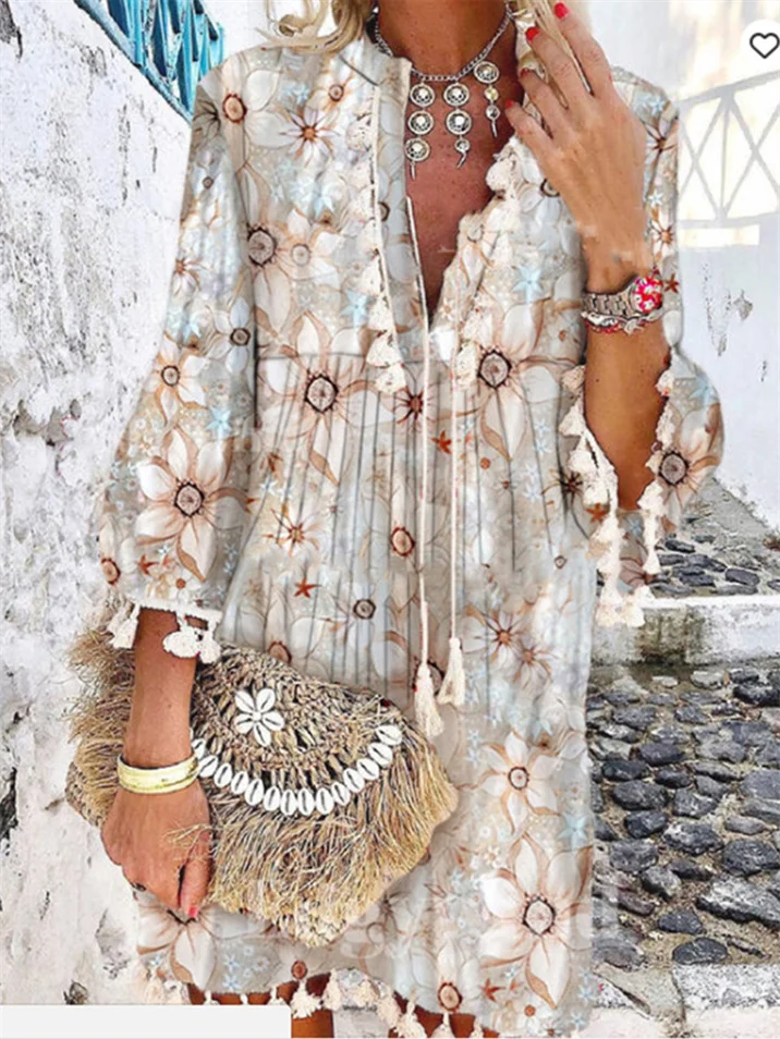 Printed V-Neck Pink Pullover Quality Commuter Tassel Dress