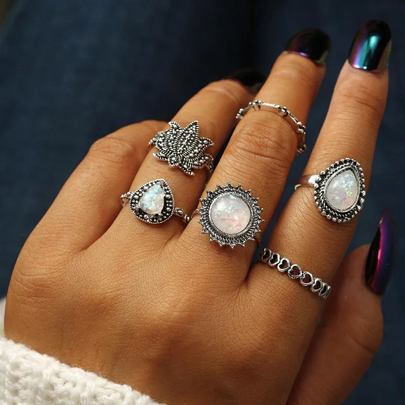 Women plus size clothing 6-piece Hollow Love Ring Drop-Shaped Lotus Rings Set Wholesale Cheap Jewelry-Nordswear