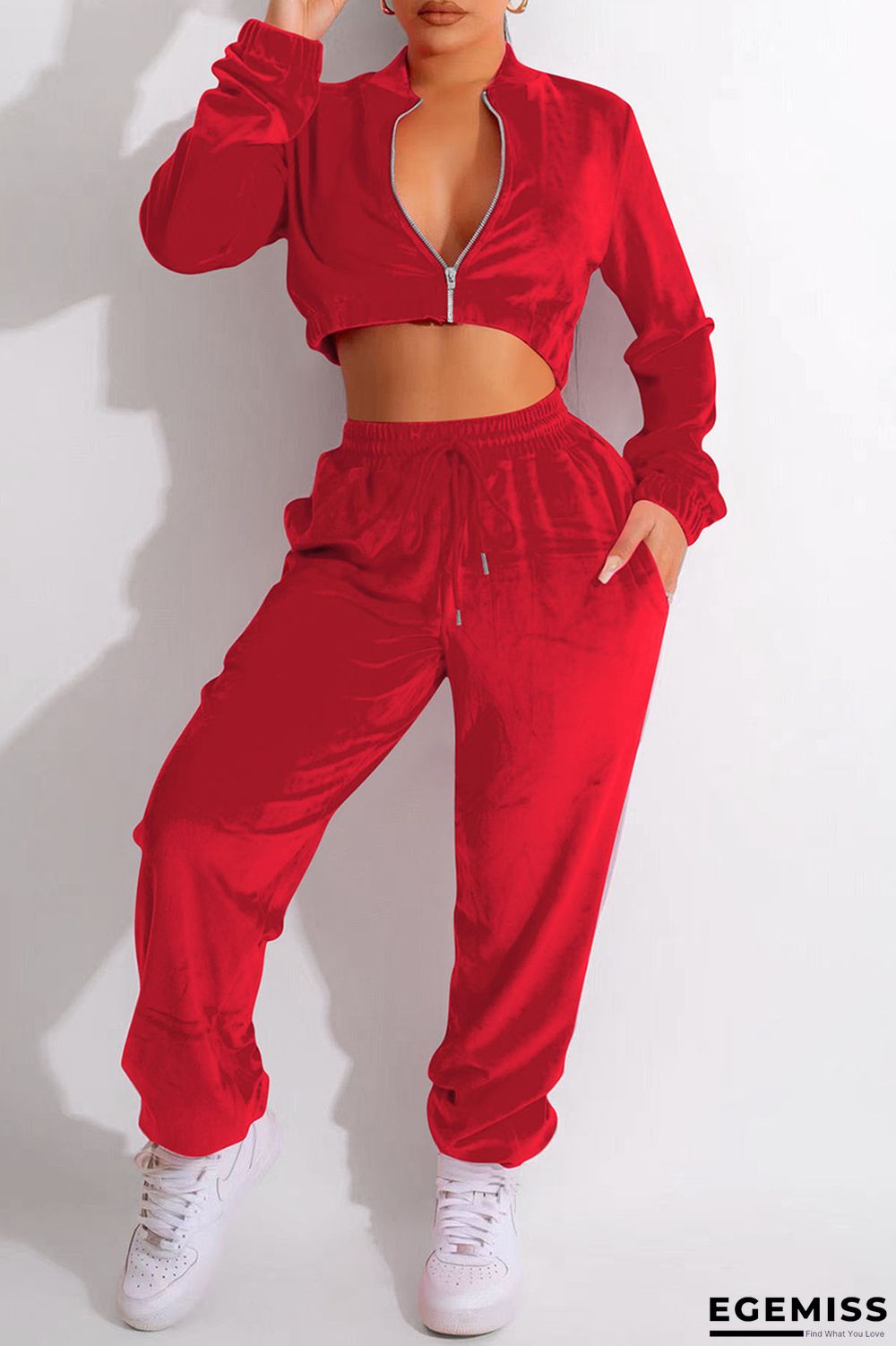 Red Casual Solid Patchwork Zipper Collar Long Sleeve Two Pieces | EGEMISS