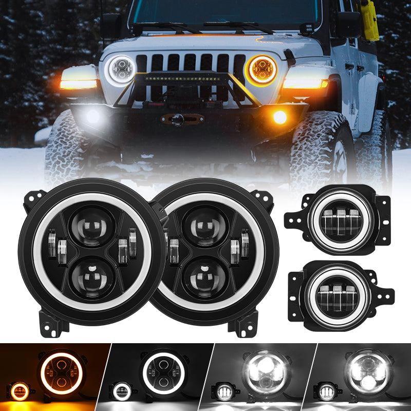 Upgrade 9'' Jeep Halo Headlights & Fog Lights with DRL for 2018-Later Jeep Wrangler JL & Gladiator JT