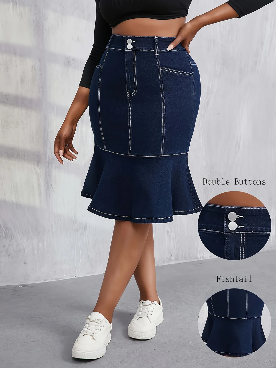 Women's Large Size Dark Blue Fishtail Denim Skirt - Machine Washable, Daily Wear | Spring, Summer And Autumn Wear | High Elasticity High Waist | IFYHOME