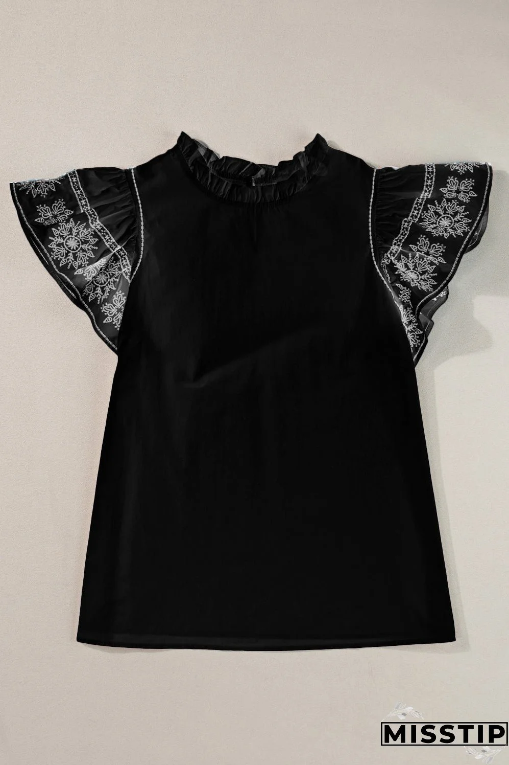 Ruffled Mock Neck Cap Sleeve Blouse