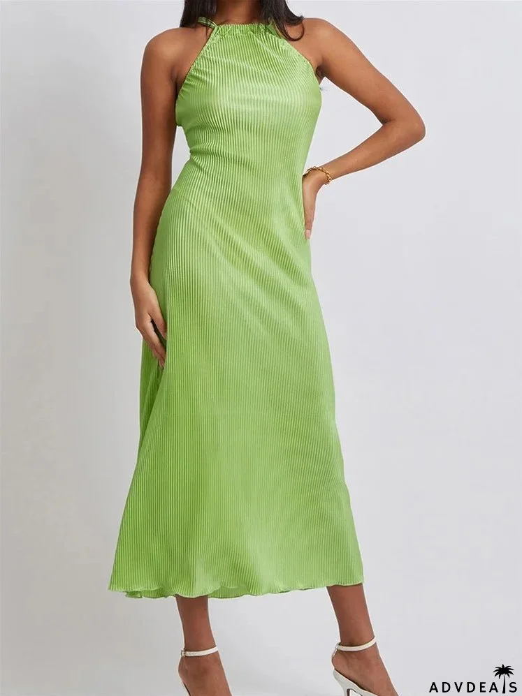 Women Cocktail Solid Color Halter Neck Sleeveless Off Shoulder Ruched Summer Evening Party Vestidos