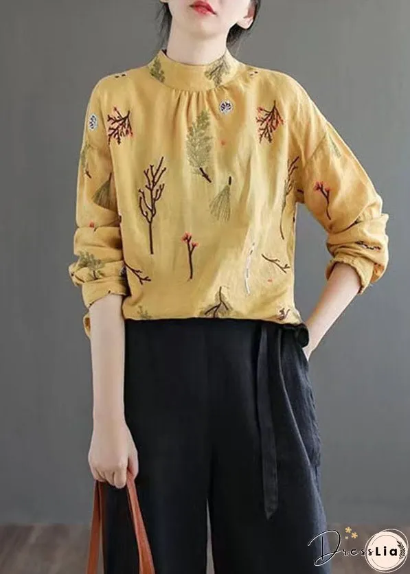 Women Yellow Wrinkled Embroideried Patchwork Linen Shirt Tops Spring