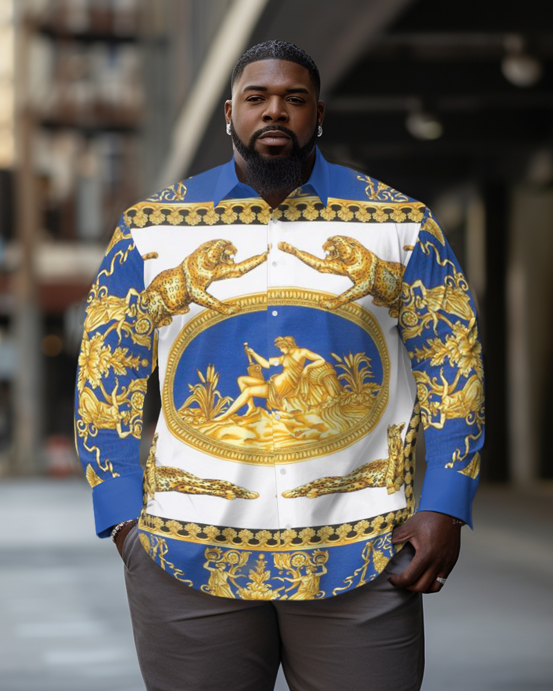 Men's Plus Size Blue Pattern Leopard Long Sleeve Lapel Long Sleeve Shirt