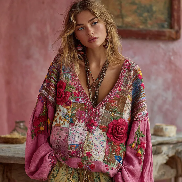 Women's Bohemian Floral Embroidery Patchwork Art Linen Blend V Neck T-shirt