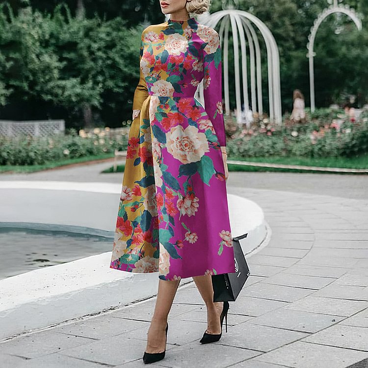 Contrast Floral Print Midi Dress