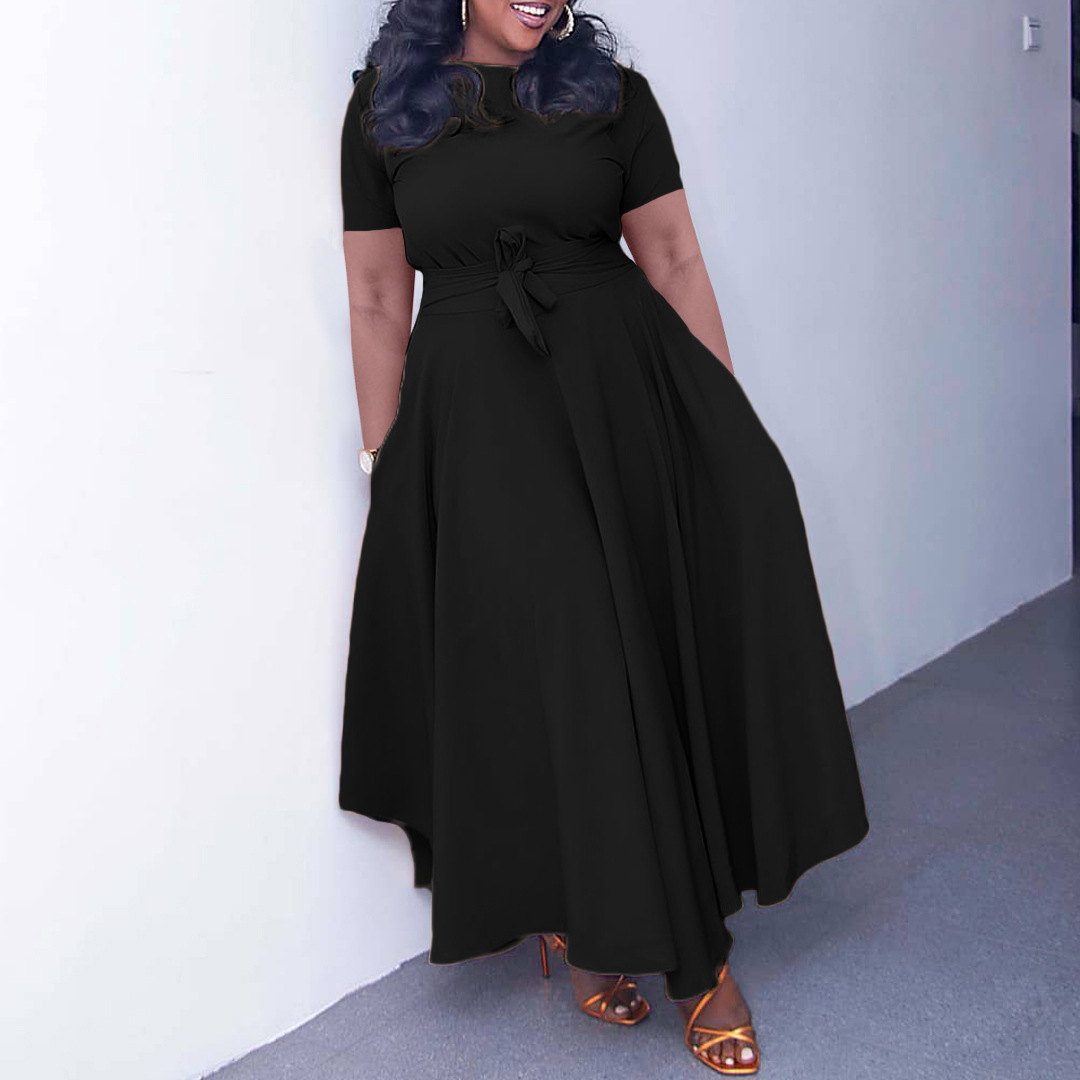 Women's Summer Fashion Chic Solid Short Sleeve A-Line Africa Plus Size Dress