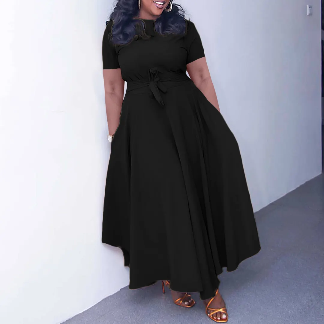 Women's Summer Fashion Chic Solid Short Sleeve A-Line Africa Plus Size Dress