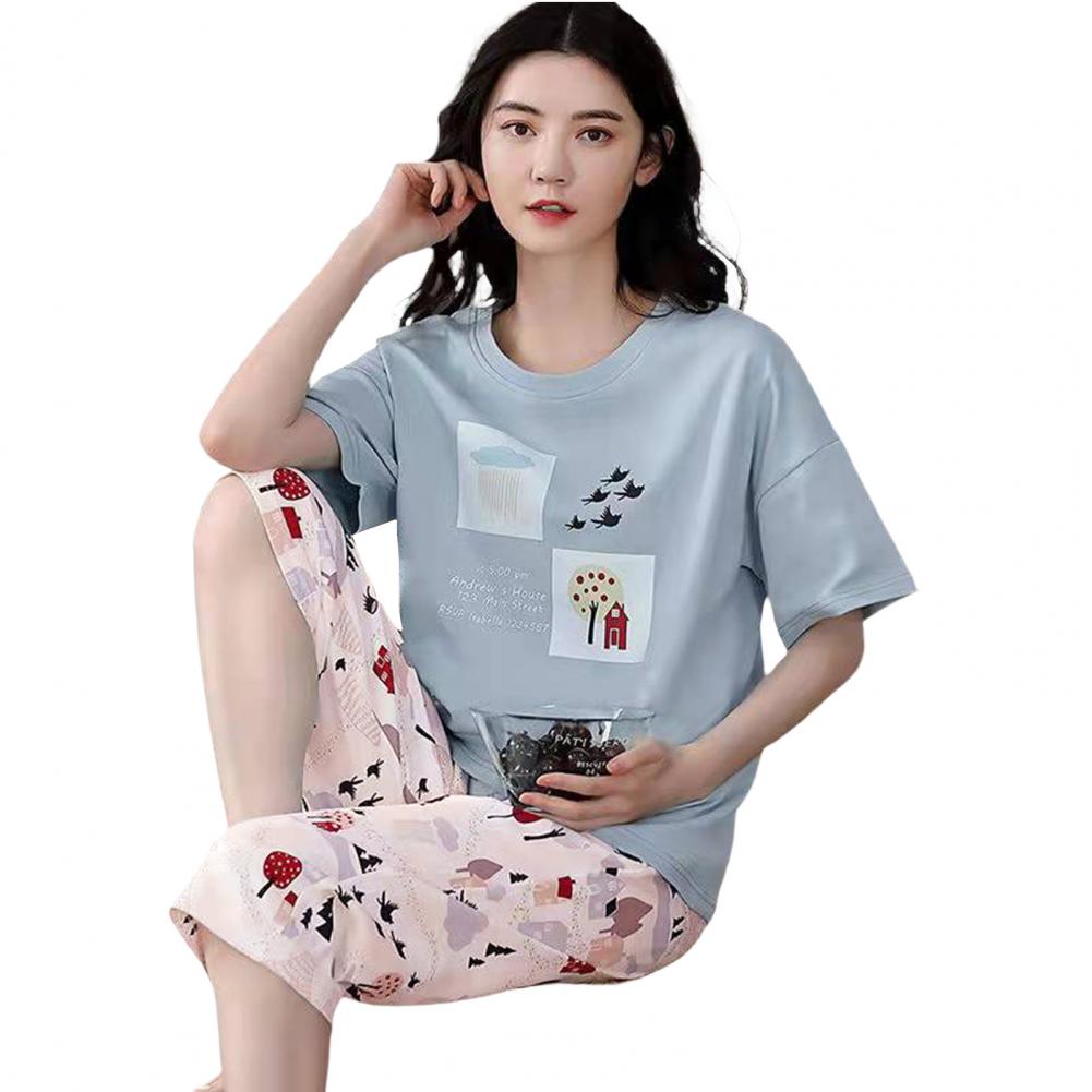 Appleke 2Pcs/Set Summer Women Pajamas Set O-Neck Short Sleeve Mid-Rise Elastic Waistband Lounge Sleepwear Cartoon Print Sleepwear Suit