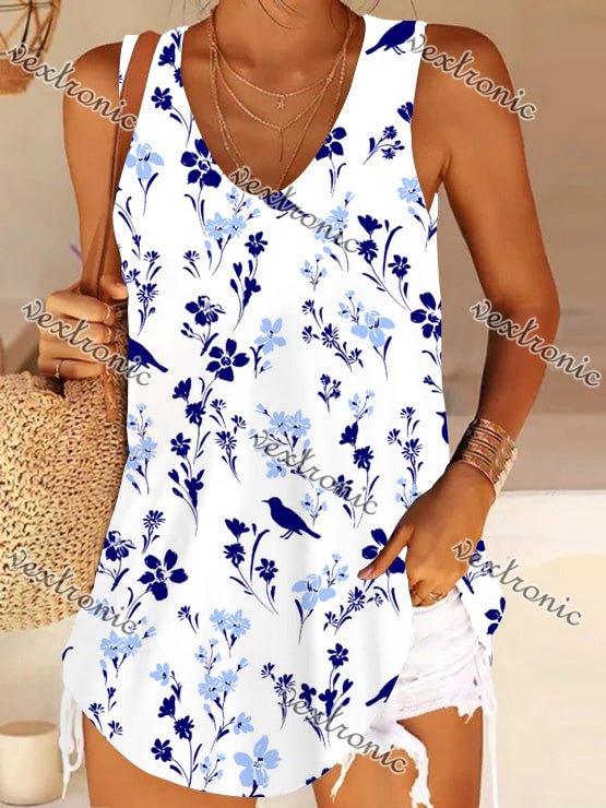 Women's Blue Scoop Neck Sleeveless Floral Printed Tops