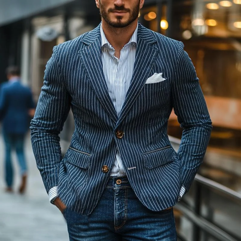 Men's Dark Blue Vertical Striped Blazer