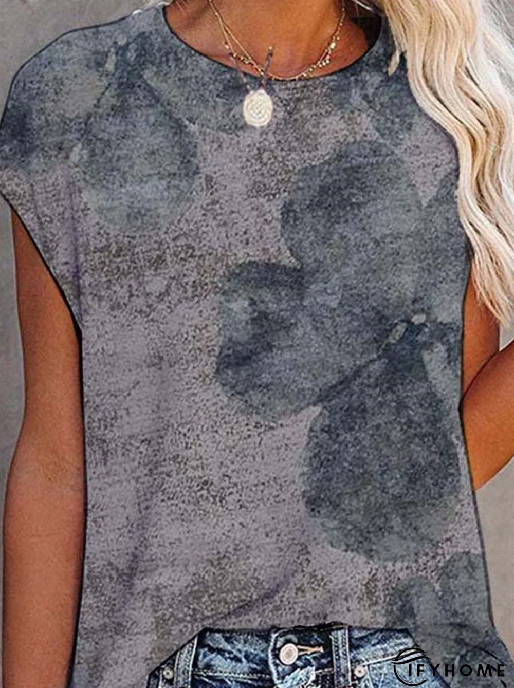 Floral Short Sleeve Printed Cotton-blend Crew Neck Vintage Summer Gray Top | IFYHOME