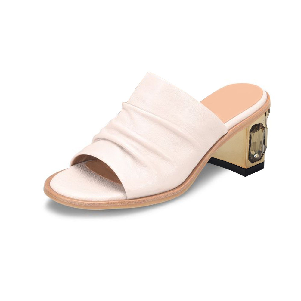 White Open Toe Decorative Heel Wide Band Mules Nicepairs