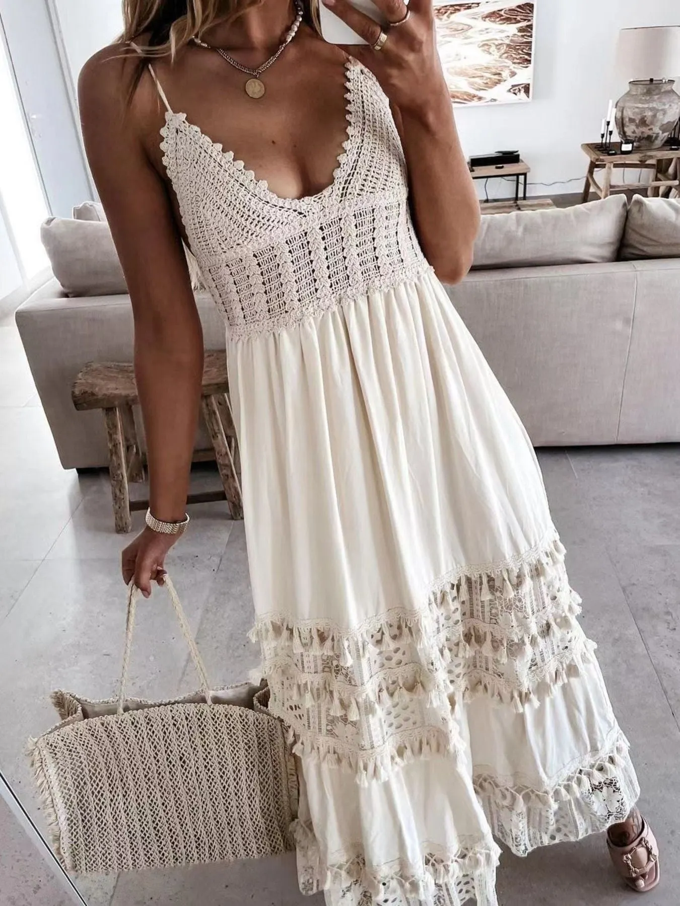 Full Size Bohemian Crochet Trimmed Cami Dress with Tassel Trim Plus Size mysite idetrend