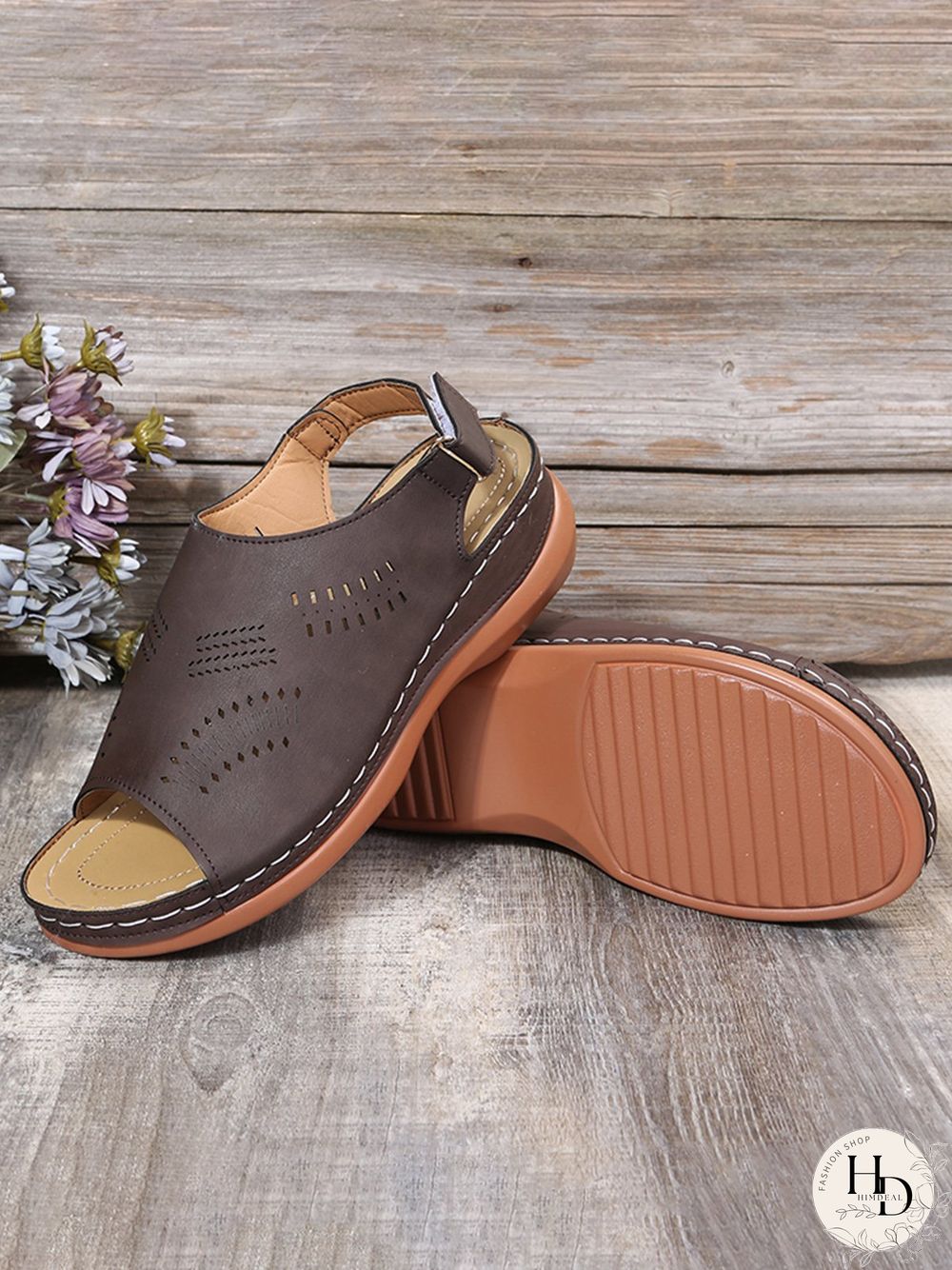 Cutout Velcro Vintage Casual Velcro Wedge Sandals
