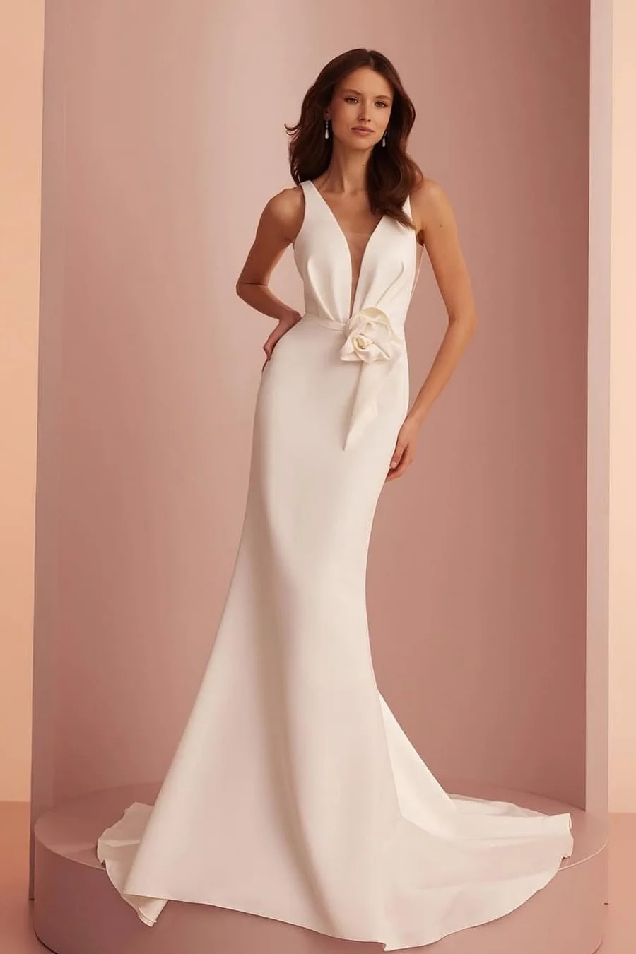 Daisda White Sleeveless Deep V-Neck Mermaid Handmade Flower Prom Dress