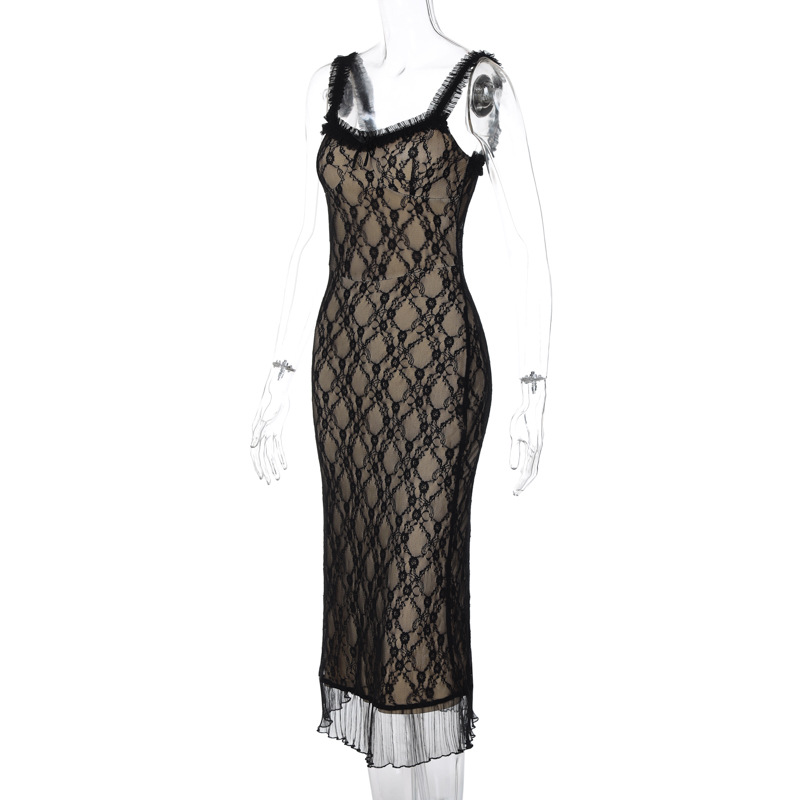Ootddress Printed Lace Backless Long Dress Female Spaghetti Ruffled Patchwork Slim See-Through Party Dress Lace-Up Maxi Dress Women