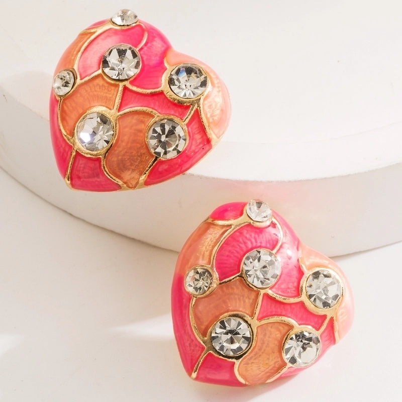 1 Pair Casual Classic Style Heart Shape Enamel Inlay Alloy Rhinestones Gold Plated Ear Studs
