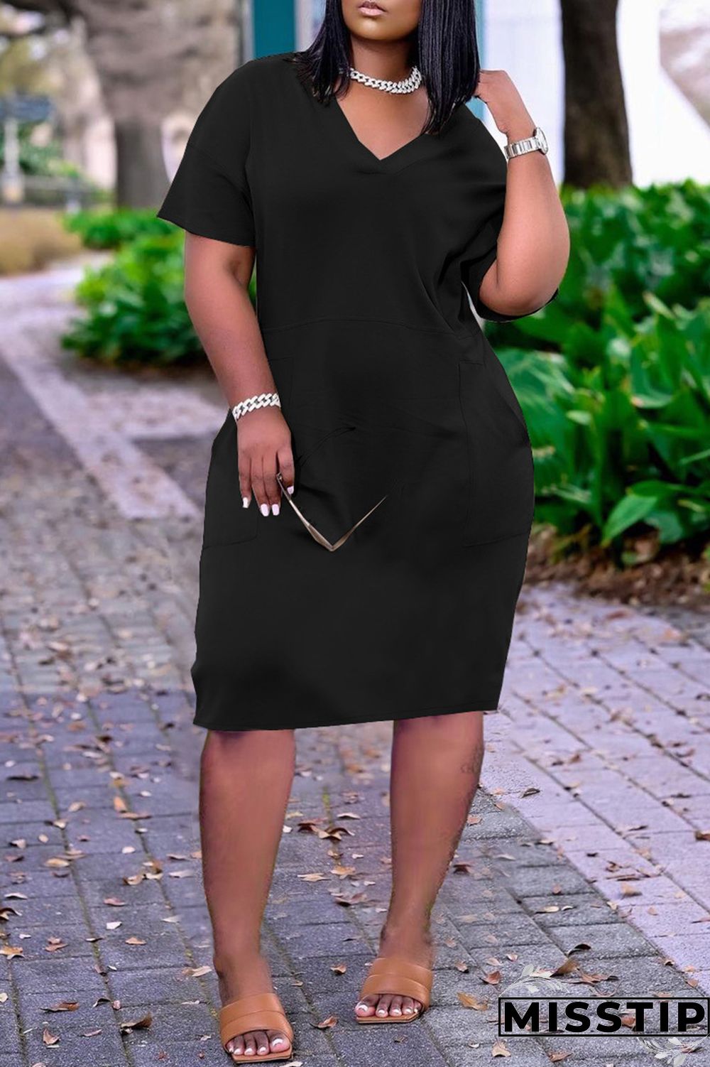 Dark Blue Fashion Casual Solid Basic V Neck Short Sleeve Dress