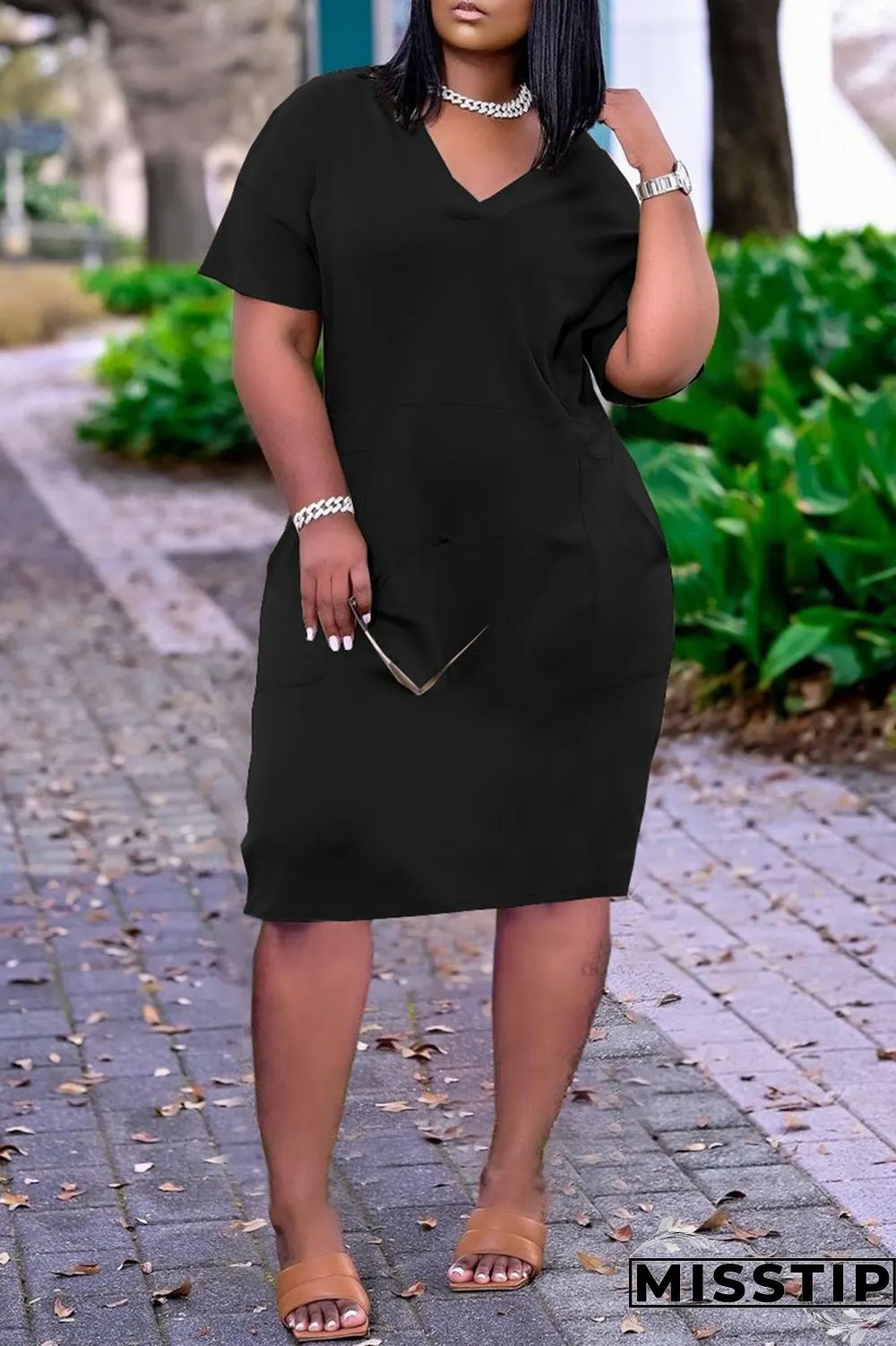 Dark Blue Fashion Casual Solid Basic V Neck Short Sleeve Dress