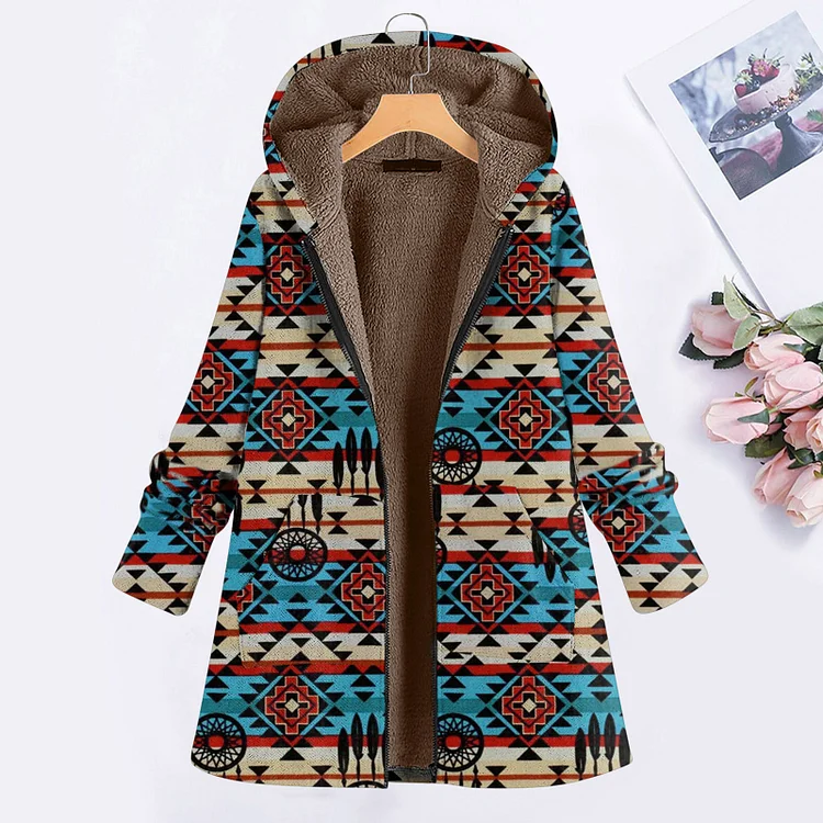 Women's Aztec Coat Retro Fleece Coat Western Style Geometry Print Hooded Fleece Coat