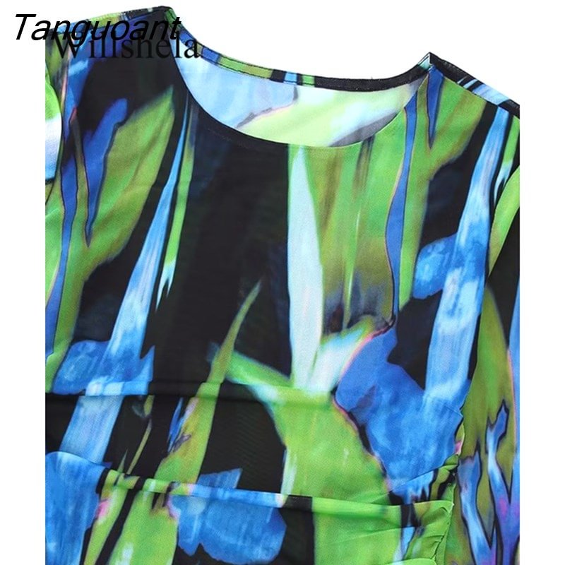 Tanguoant Two Piece Set Women Fashion Tulle Printed Pleated Shirt & Vintage Bandage Trousers Feamle Chic Outfit Pants Sets