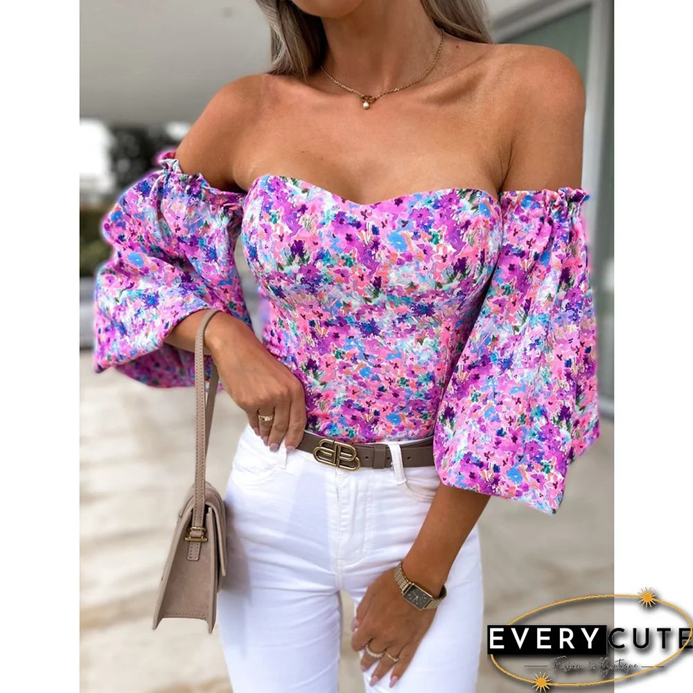Light Purple Floral Print Off Shoulder Puff Sleeves Tops