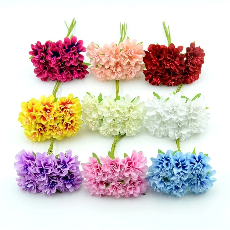 60pcs/lot Mini Silk Artificial Rose Flowers Bouquet  Scrapbooking Fake Flower Stamen Wedding Party  Decoration DIY Handmade