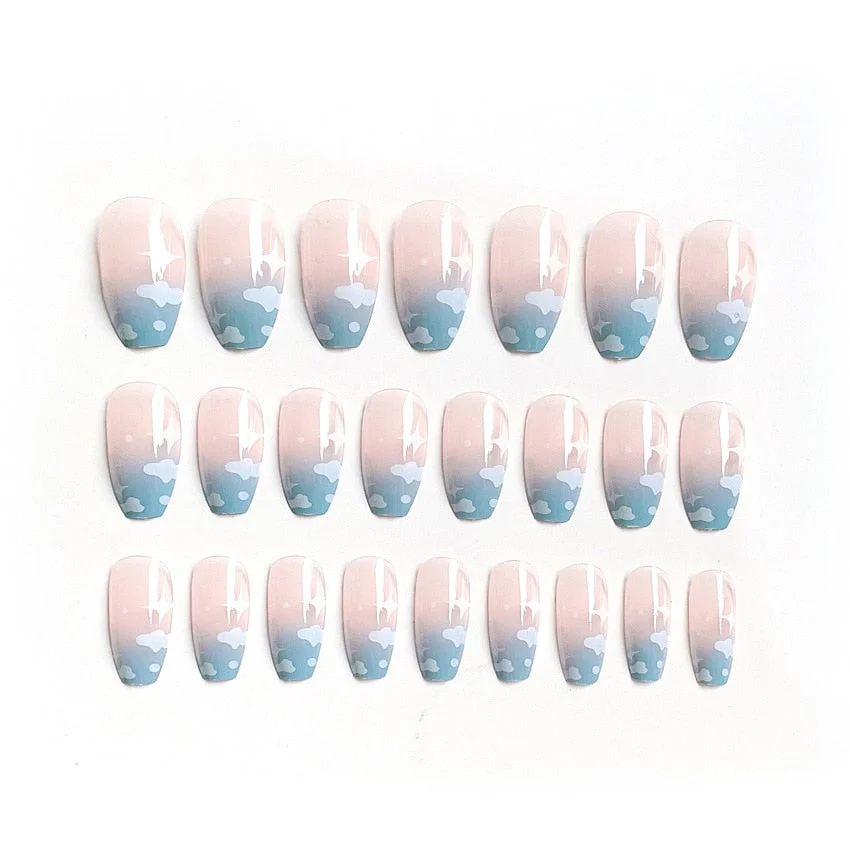 24pcs Blue Starry Sky Romantic Graffiti Nail Art With Artificial Diamond Fake Nails With Glue Fake Nails Long With Wearing Tools-Nail Inspo
