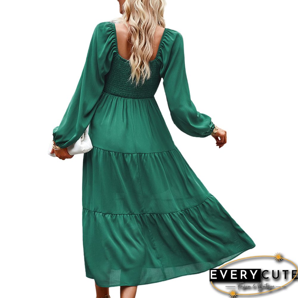 Green Solid Square Neck Pocket Long Sleeve Dress